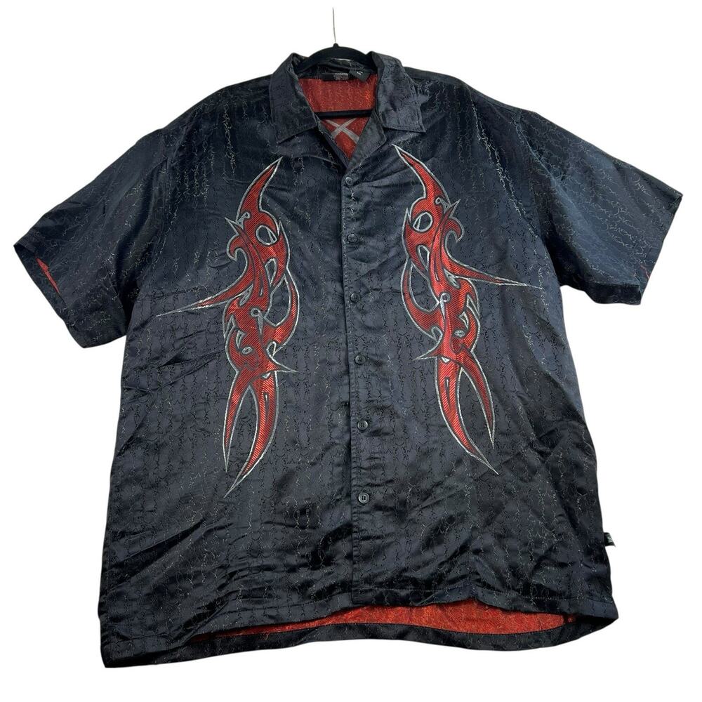 Vintage Y2K Epidemic XXL Button Down Shirt Black Red Tribal Grunge Punk Satin